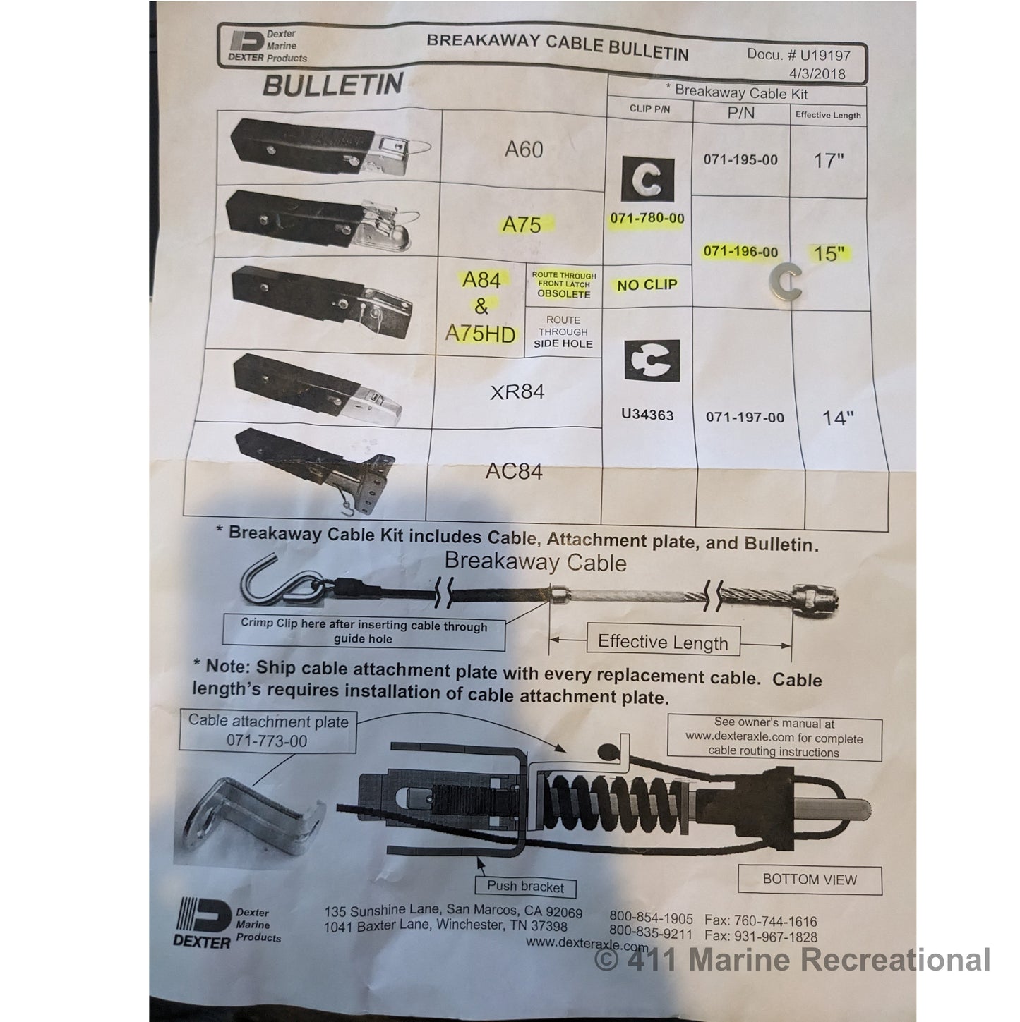 EZ Loader 15" Breakaway Cable for Dexter (UFP) A75 & A84 Actuator 250-031977 instructions