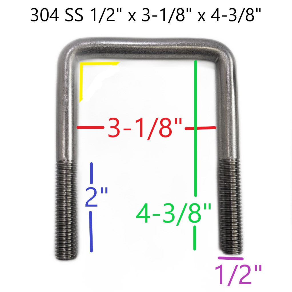 Square U-Bolt 1/2"-13 x 3-1/8" x 4-3/8" 304 Stainless Steel