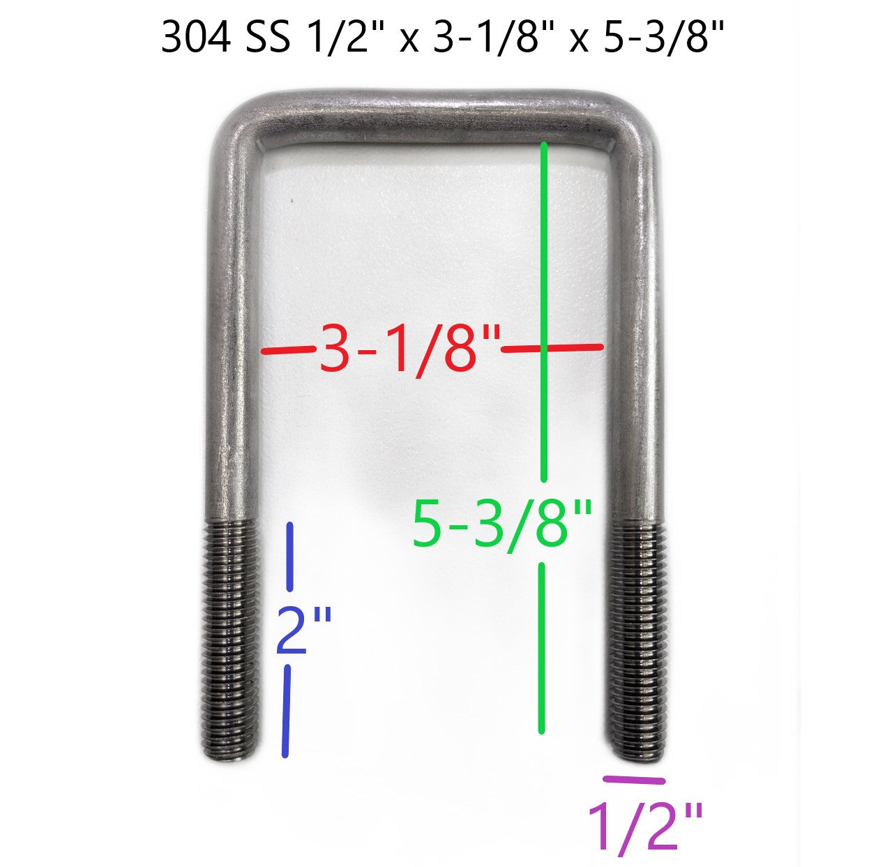 Square U-Bolt 1/2"-13 x 3-1/8" x 5-3/8" 304 Stainless Steel