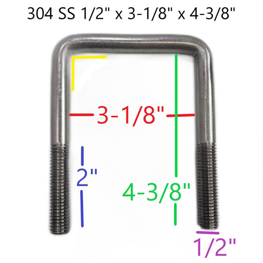 Square U-Bolt 1/2"-13 x 3-1/8" x 4-3/8"  304 Stainless Steel