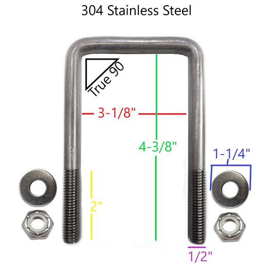 Square U-Bolt 1/2"-13 x 3-1/8" x 4-3/8" w/ Washers and Nuts 304 Stainless Steel