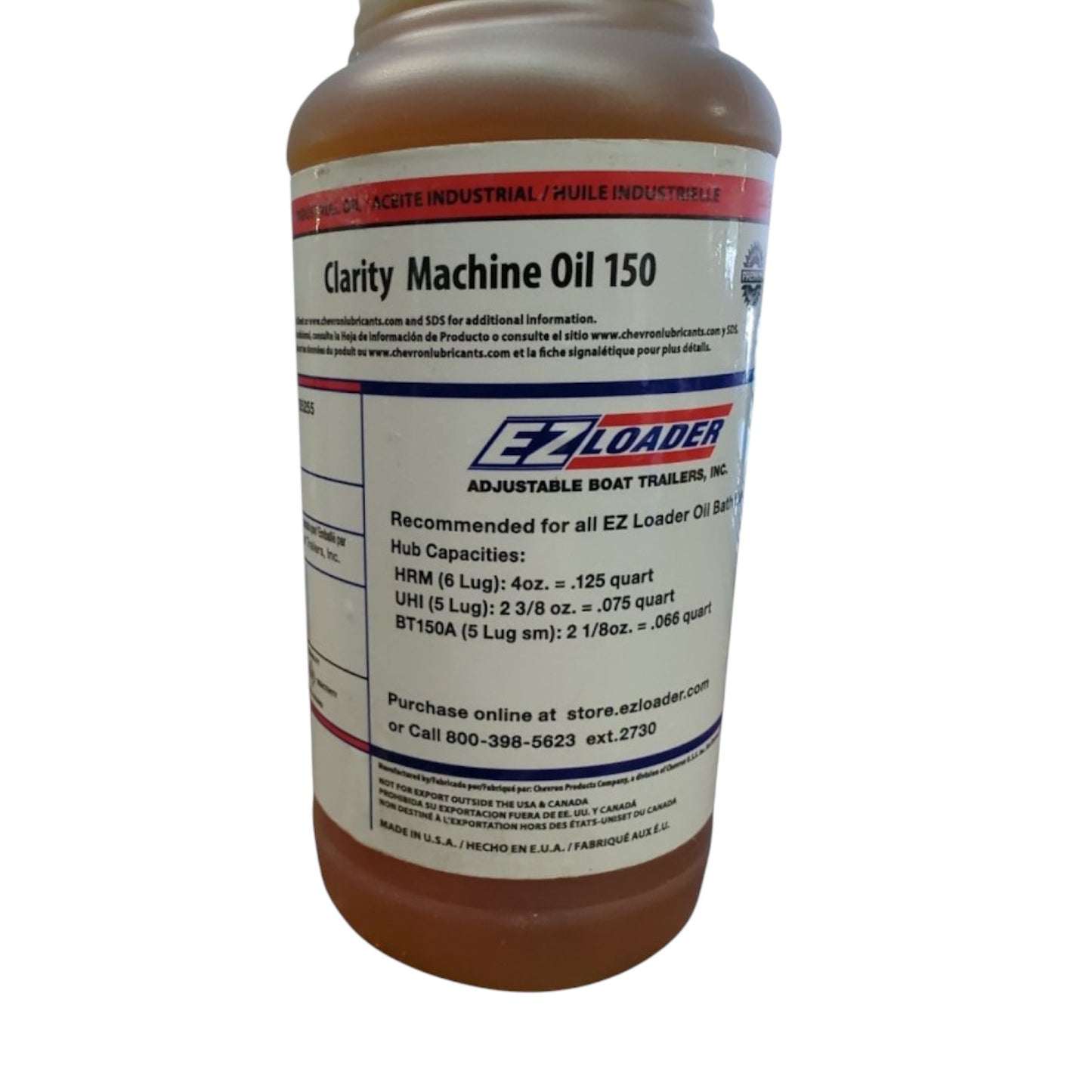 Close-up of EZ Loader label on Chevron Clarity 150 hub oil bottle